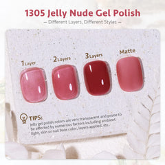 GAOY Jelly Nude Gel Nail Polish 1305 color swatch showing sheer to opaque layering potential