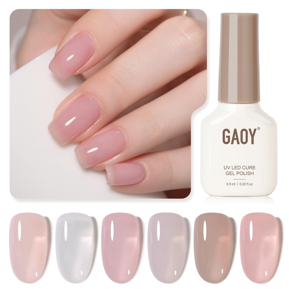 GAOY Jelly Nude gel nail polish set color swatches showing translucent milky pink hues