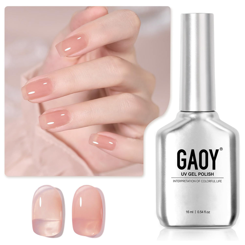 GAOY Jelly Nude bottle close-up showing a translucent nude shade for delicate nails