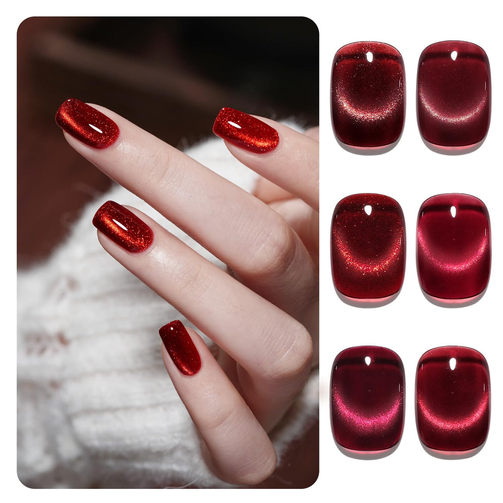 GAOY Jelly Red Glitter Cat Eye polish bottle with holographic accents for at-home nails.