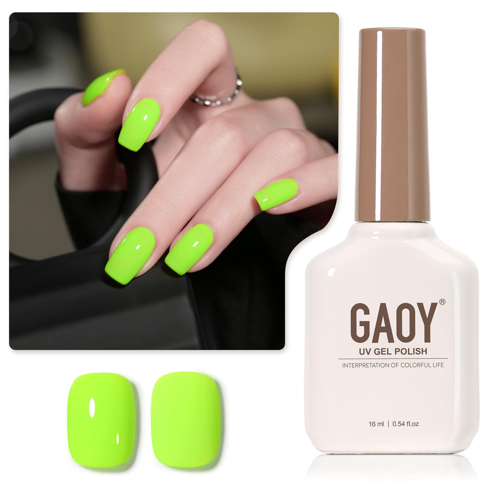 GAOY Neon Green Gel Nail Polish bottle closeup; vibrant color for at-home manicures