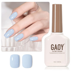 GAOY Pastel Blue Gel Nail Polish swatch shows vibrant Morning Mist color for at-home manicures.