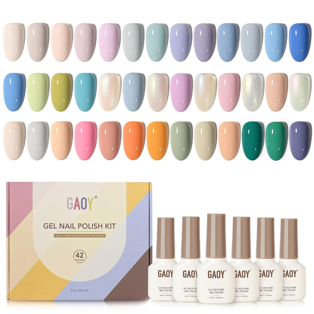 GAOY pastel pearl gel polish kit with glossy top coat for a durable at-home manicure.