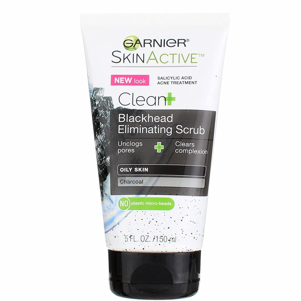 Garnier Clean Scrub Blackhead Eliminating bottle front view, pore-clearing routine