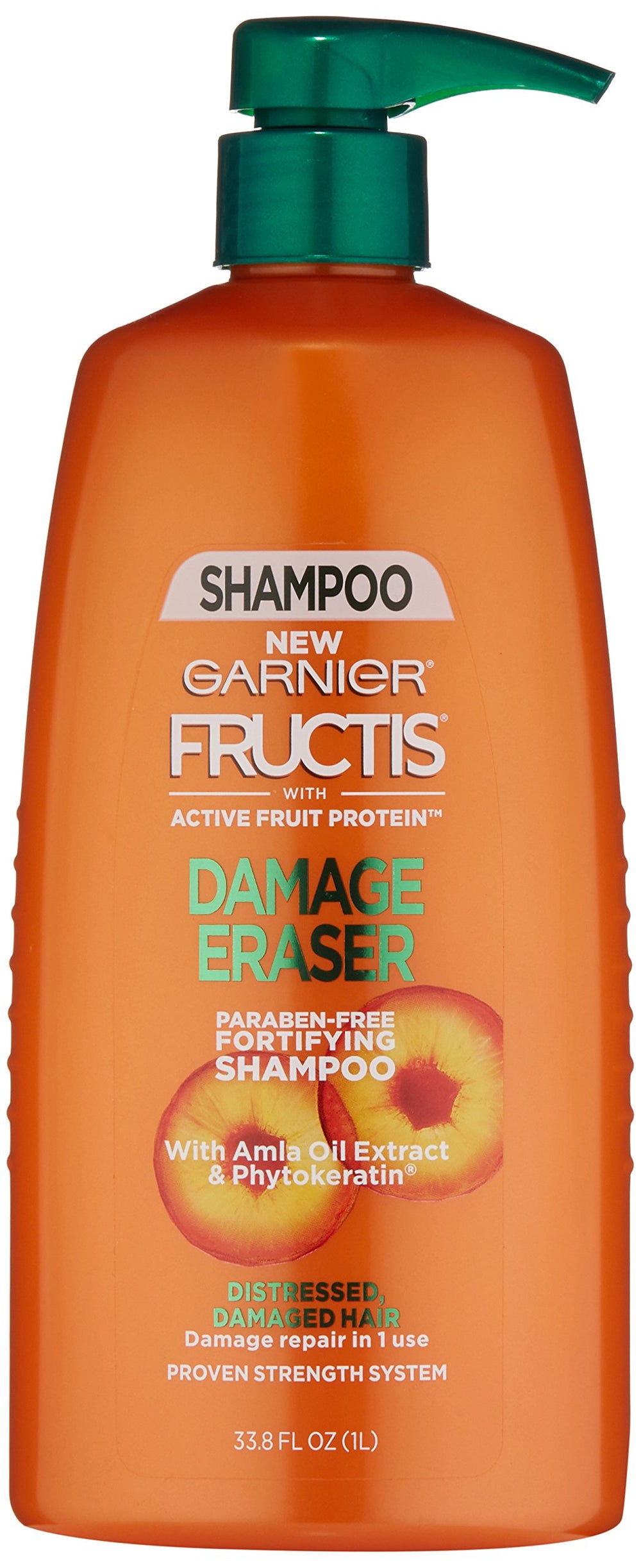 Garnier Fructis Damage Eraser shampoo bottle boosts strength for damaged hair.