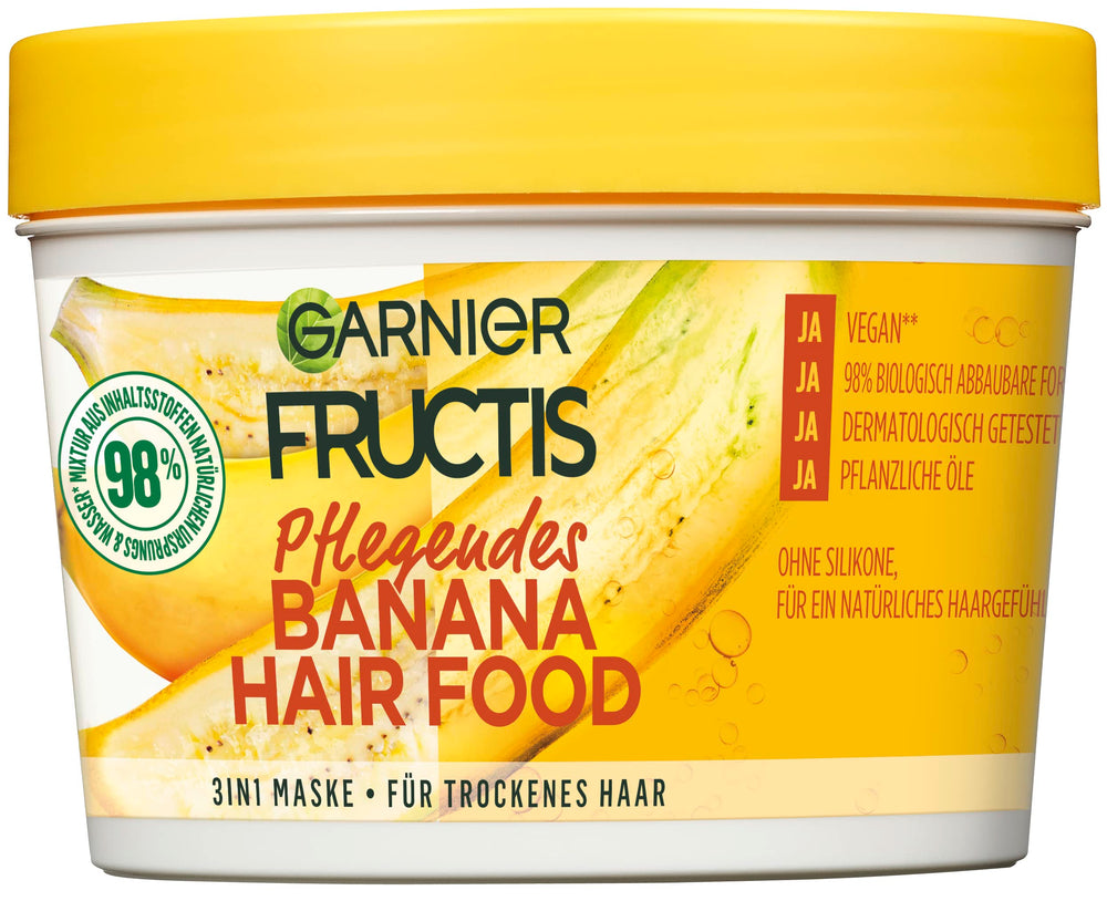 Garnier Fructis Nourishing Banana Hair Food jar shows intensive nourishment for dry hair.