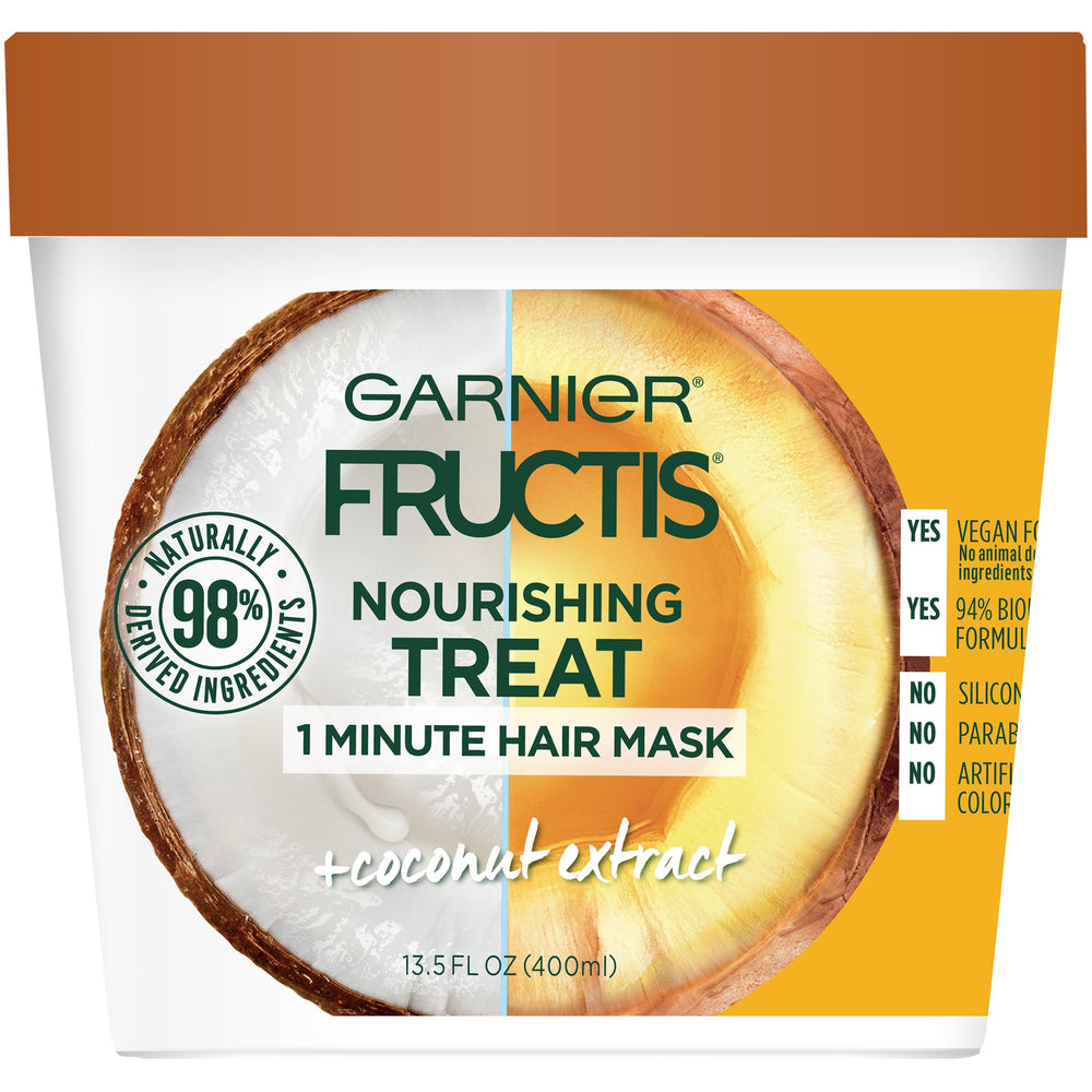 Garnier Fructis Nourishing Treat coconut hair mask packaging and creamy texture for quick conditioning