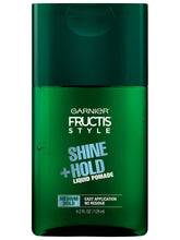 Garnier Fructis Style Shine and Hold liquid pomade bottle shows medium hold for a polished look