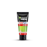 Garnier Men Acno Fight bottle close-up highlighting double-texture cleanser for deep facial cleanse.