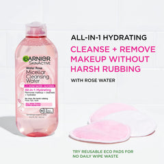 Garnier Micellar Water with Rose used on eyes and face makeup removal.