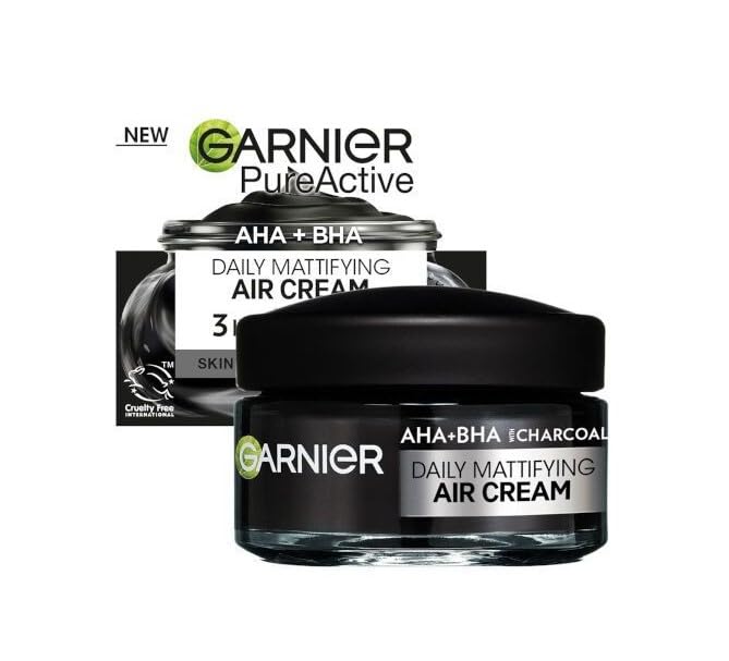 Garnier Pure Active Charcoal Air Mattifying Cream bottle emphasizes matte finish and oil control.