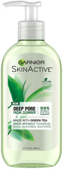 Garnier SkinActive green tea face wash bottle shown for oil-control cleansing