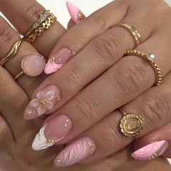 GCSQW medium almond press-on nails with 3D flower design