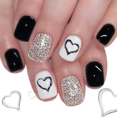 GCSQW Valentines nails in black heart glossy finish for elegant date-night looks.