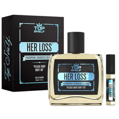 GEBUTP Her Loss bottle close-up showing premium oils for lasting fragrance.