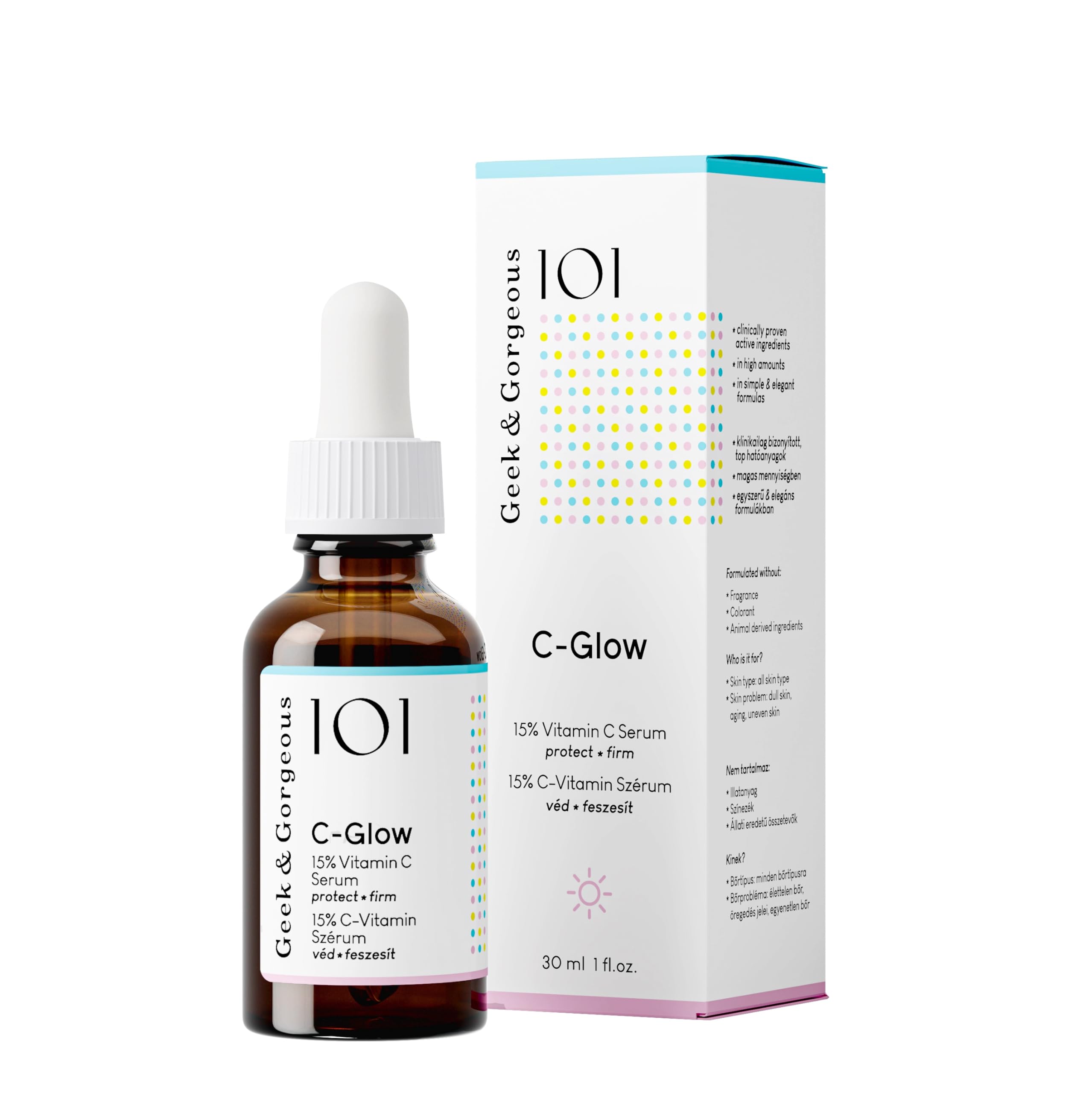 Geek & Gorgeous C-Glow bottle closeup, a lightweight antioxidant serum for daily protection.