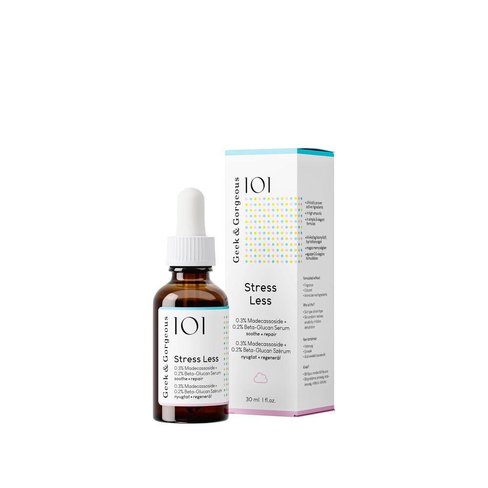 Geek & Gorgeous Stress Less bottle front with lightweight gel for calming skin