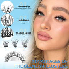 Geeneiya lash clusters showing 12-14-16mm length options for versatile styling.