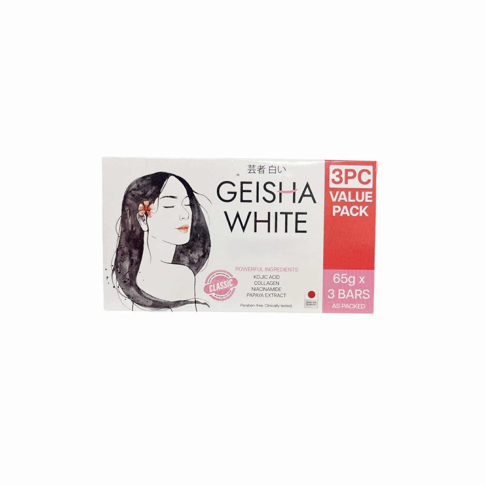 Geisha White Classic Bar packaging shows premium cleansing set for daily skincare.