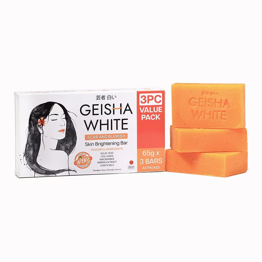Geisha White Intense Skin Cleansing Bar pack image showing three bars for daily cleansing and value.