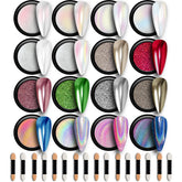 GEL PARTY 16-color chrome powder palette for striking mirror nails.