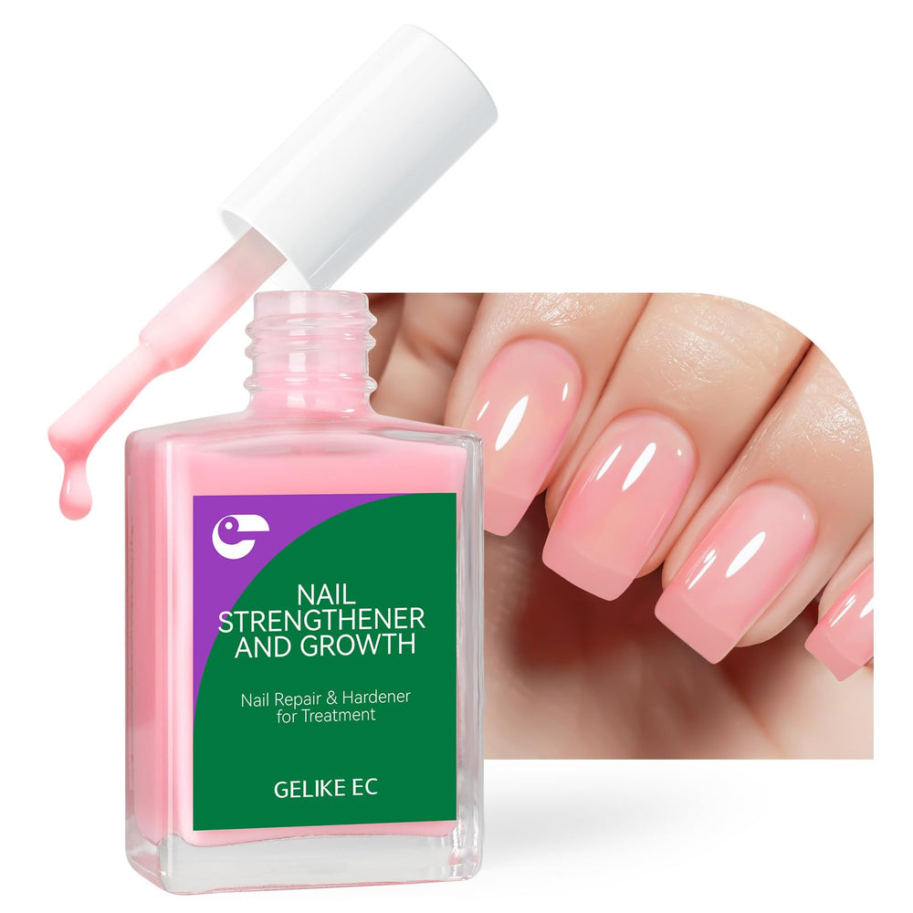 Gelike ec nail strengthener pink bottle demonstrates natural shine and strengthened nails.