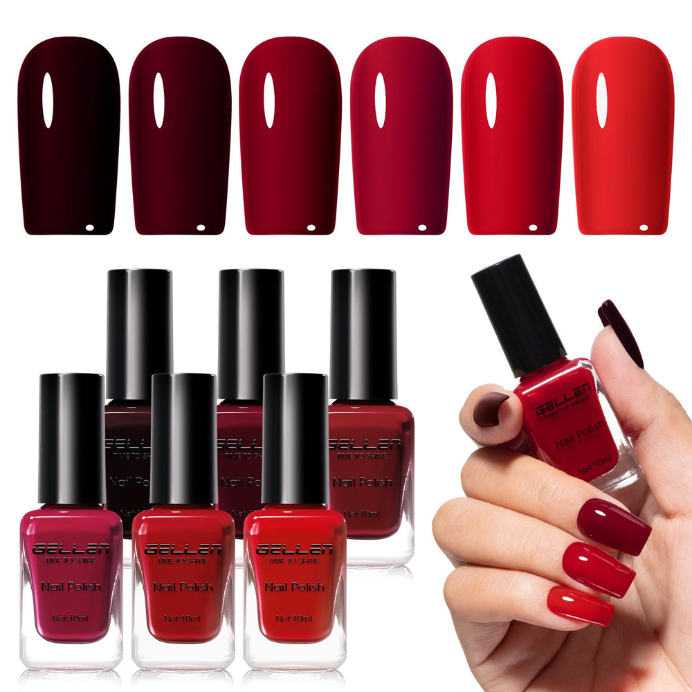 GELLEN dark red nail polish set swatches show six rich autumn shades for versatility