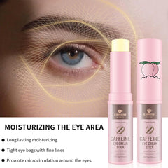 Generic caffeine eye balm stick application demo shows precise, cooling glide for refreshed eyes.
