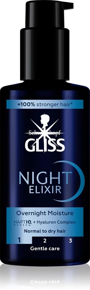 Generic Gliss Night Elixir bottle-pour demonstrates easy nightly application for nourished-looking hair.