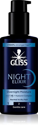 Generic Gliss Night Elixir bottle-pour demonstrates easy nightly application for nourished-looking hair.