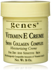 Genes Vitamin E Creme jar closeup highlighting hydrating Swiss collagen complex for dry skin