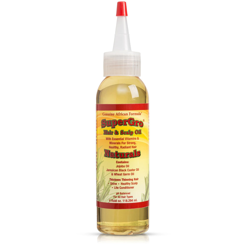 Genuine African Formula SuperGro Hair Oil bottle moisturizes the scalp with natural oils