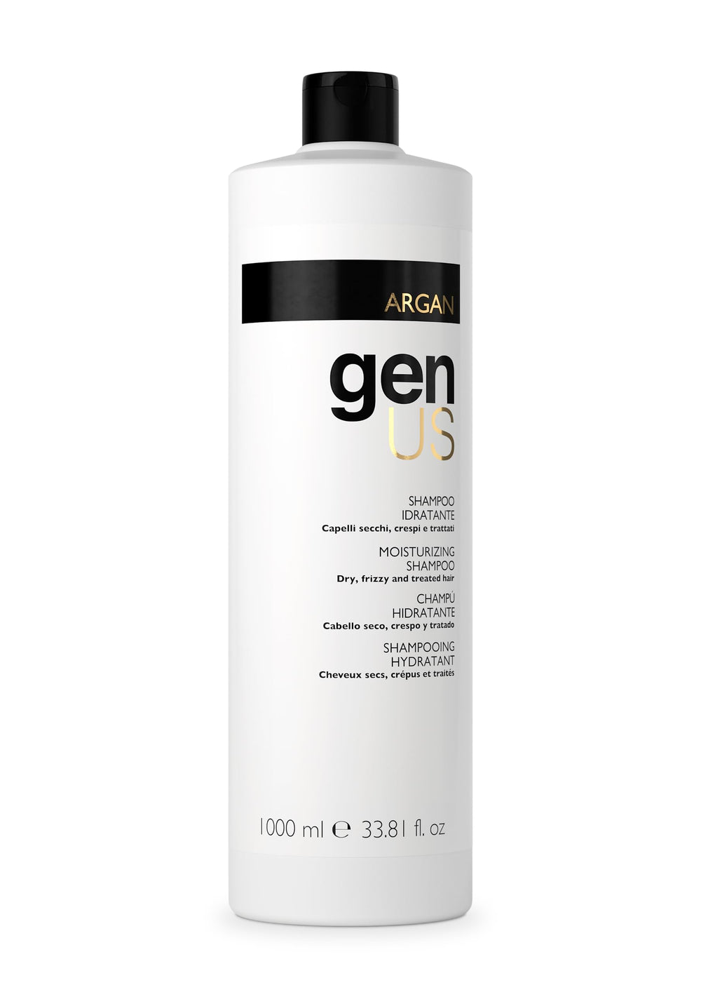 Genus Argan Hydrating Shampoo bottle showcases frizz control and deep hydration for dry hair.