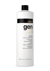 Genus Argan Hydrating Shampoo bottle showcases frizz control and deep hydration for dry hair.