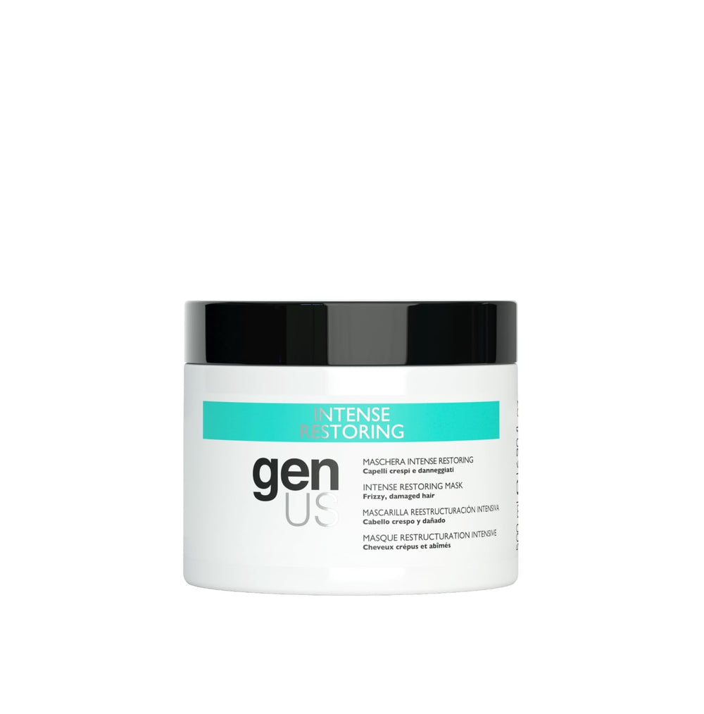 Genus Intense Restoring Mask 500ml jar close-up for frizz control and conditioning.