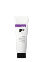 Genus Keratin Anti-Frizz Cream bottle pouring showing frizz control in action.
