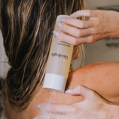 Geologie Acne Control Body Wash label closeup highlights 2% salicylic and 1.5% glycolic acids.