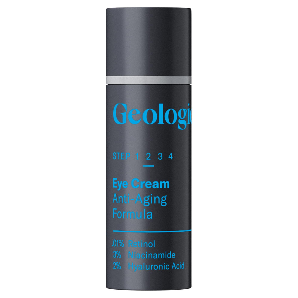 Geologie anti-aging eye cream bottle close-up highlighting hydration support.