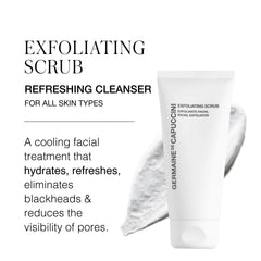 Germaine de Capuccini exfoliating face scrub bottle delivers cooling sensation for refreshed skin.
