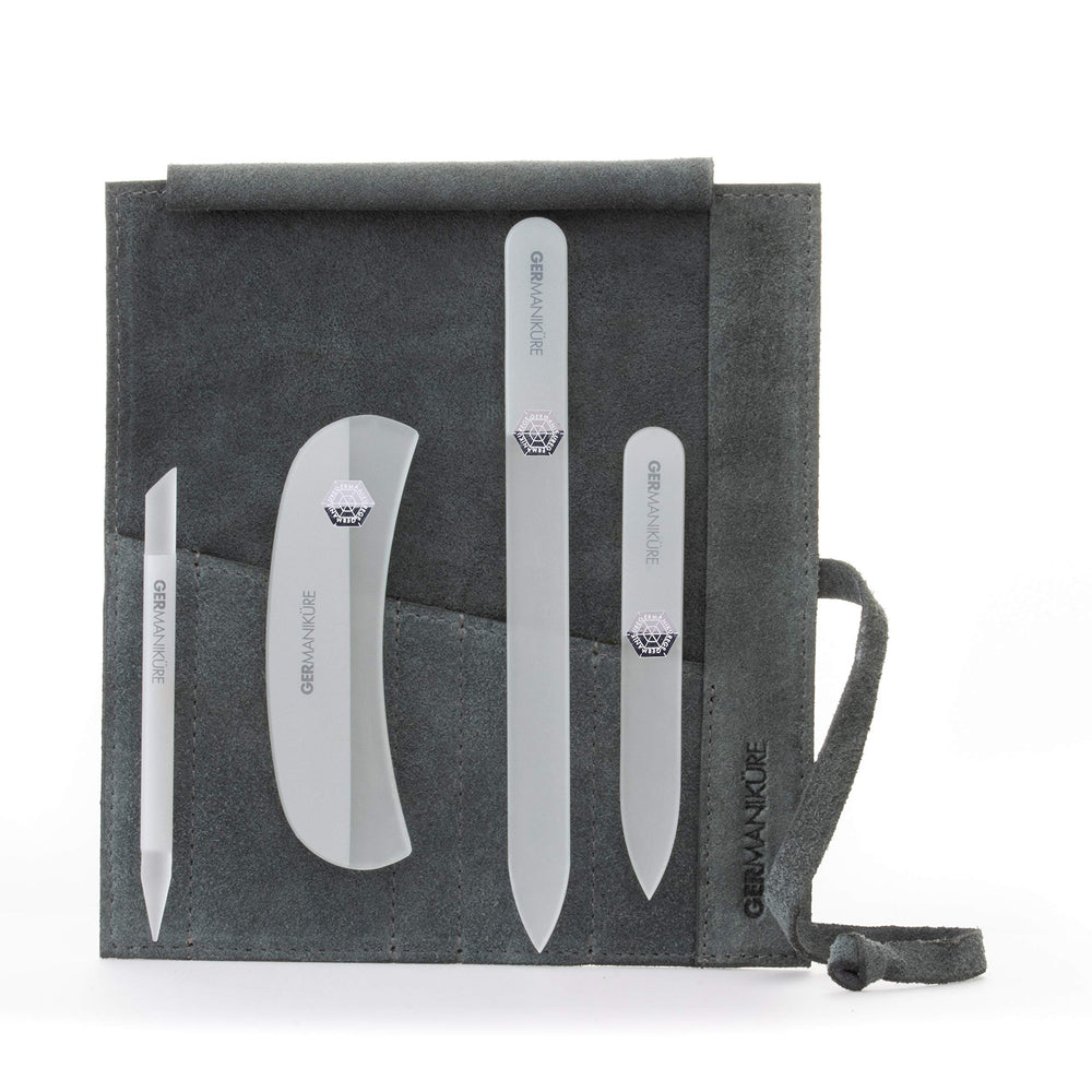 GERmanikure gray crystal glass nail file set in light gray suede case for precise filing at home