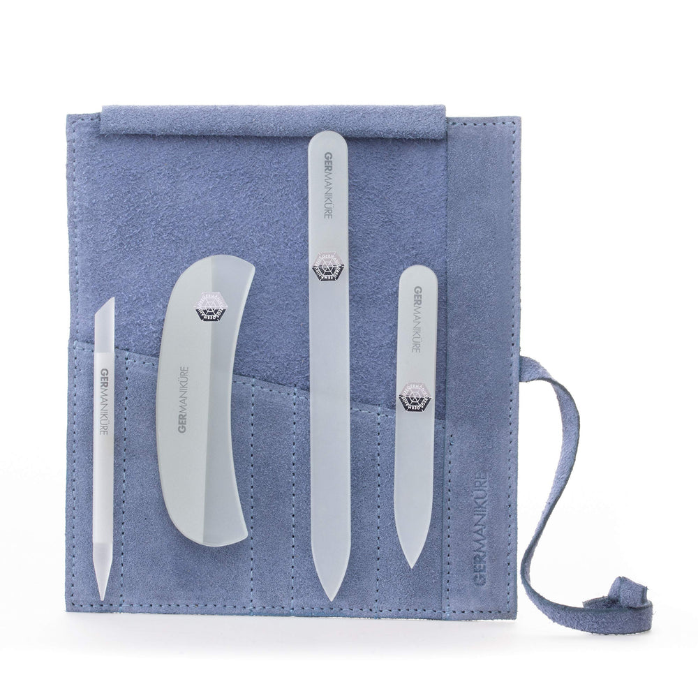 GERmanikure gray crystal nail file set in a light blue suede case for easy storage.