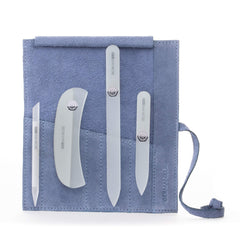 GERmanikure gray crystal nail file set in a light blue suede case for easy storage.