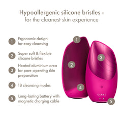 GESKE handheld device shown for direct facial use, delivering smooth cleansing.