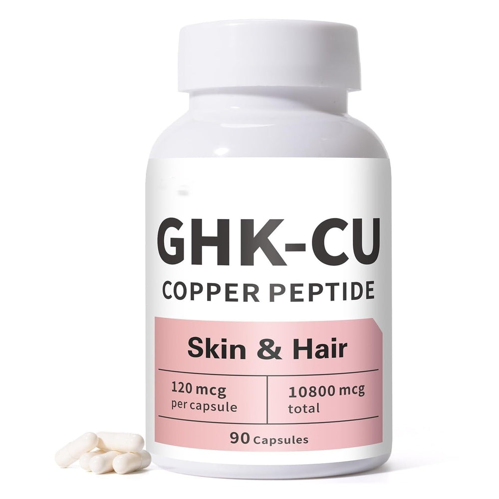 GHK-Cu peptide bottle closeup for daily skin and hair care.