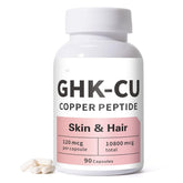 GHK-Cu peptide bottle closeup for daily skin and hair care.