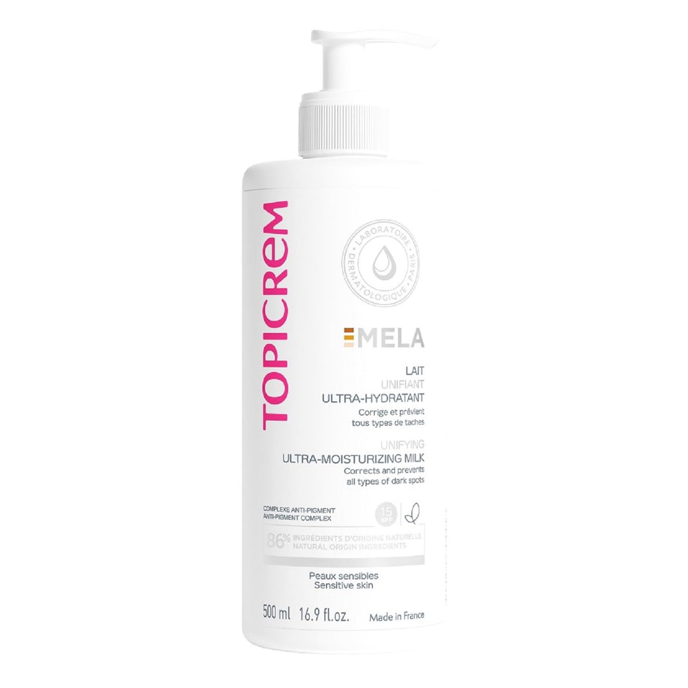 Topicrem Mela Unifying Milk bottle showing 24h hydration for sensitive skin