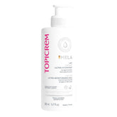Topicrem Mela Unifying Milk bottle showing 24h hydration for sensitive skin