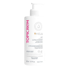 Topicrem Mela Unifying Milk bottle showing 24h hydration for sensitive skin