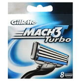 Gillette Mach 3 Turbo refill close-up showing triple blades for a smooth shave.
