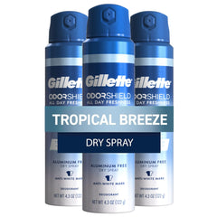 Gillette tropical breeze dry spray deodorant 3-pack front view highlighting all-day freshness